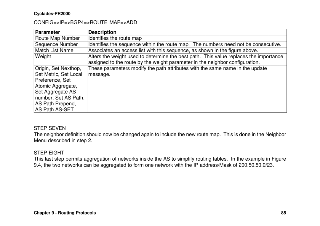 Avocent Cyclades-PR2000 installation manual CONFIG=IP=BGP4=ROUTE MAP=ADD, Step Seven 