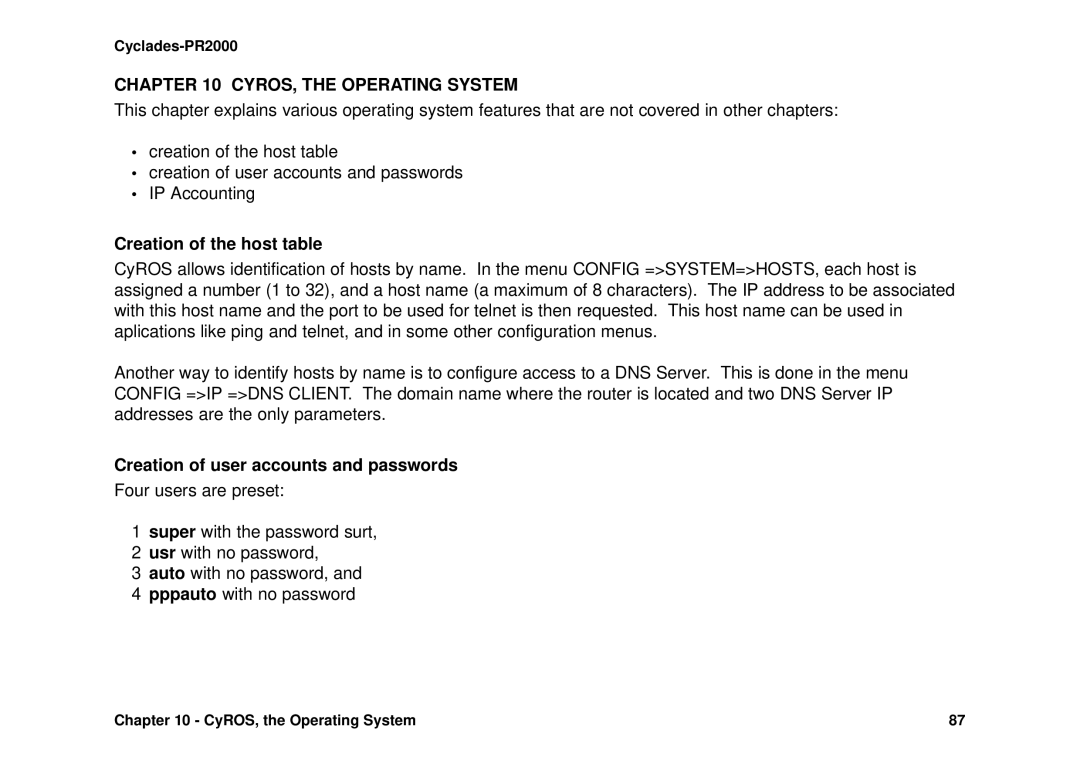 Avocent Cyclades-PR2000 CYROS, the Operating System, Creation of the host table, Creation of user accounts and passwords 