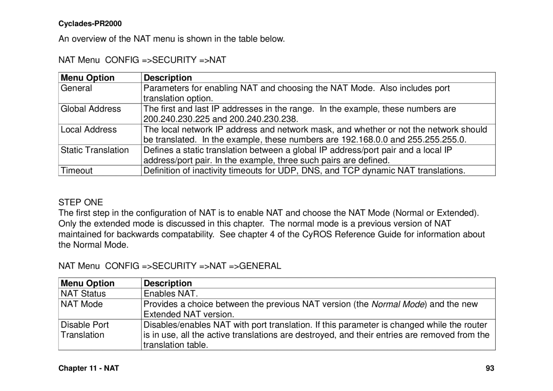 Avocent Cyclades-PR2000 installation manual Menu Option Description, Step ONE 