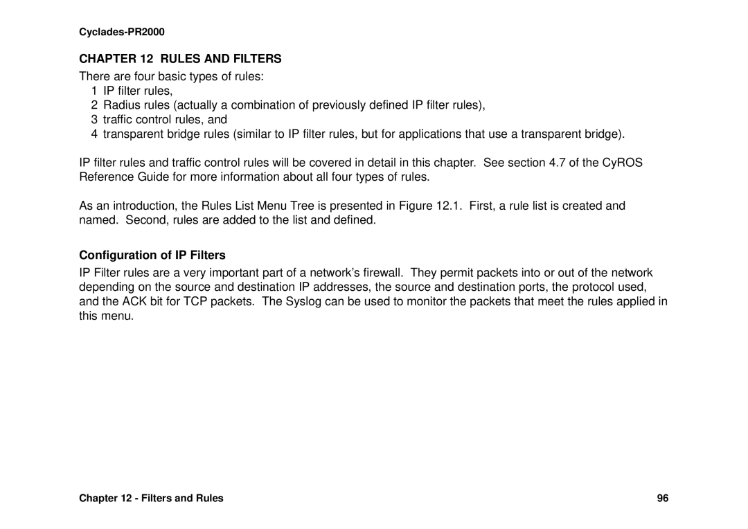 Avocent Cyclades-PR2000 installation manual Rules and Filters, Configuration of IP Filters 