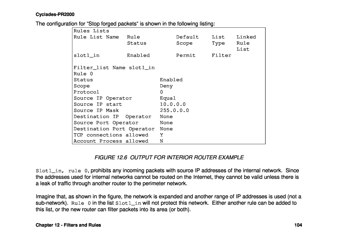 Avocent Cyclades-PR2000 6 OUTPUT FOR INTERIOR ROUTER EXAMPLE, Filterlist Name slot1in, Destination Port Operator 