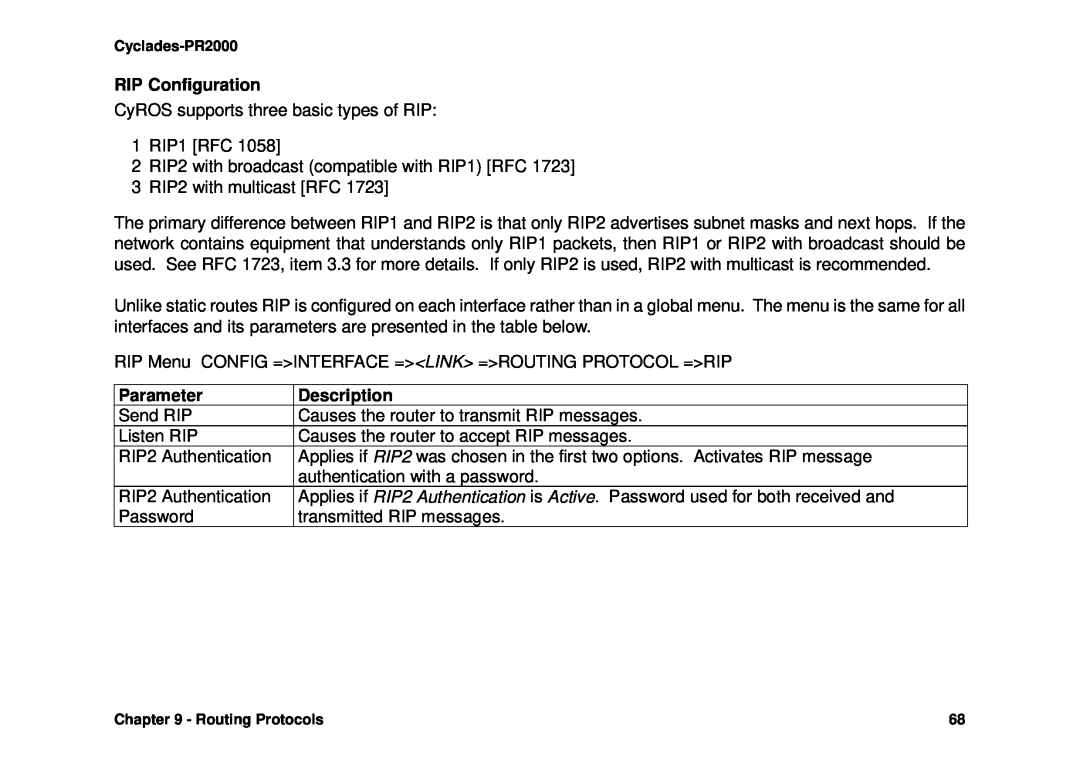 Avocent Cyclades-PR2000 installation manual RIP Configuration, Parameter, Description 