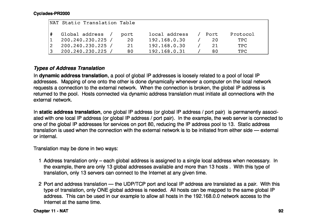 Avocent Cyclades-PR2000 installation manual Types of Address Translation 