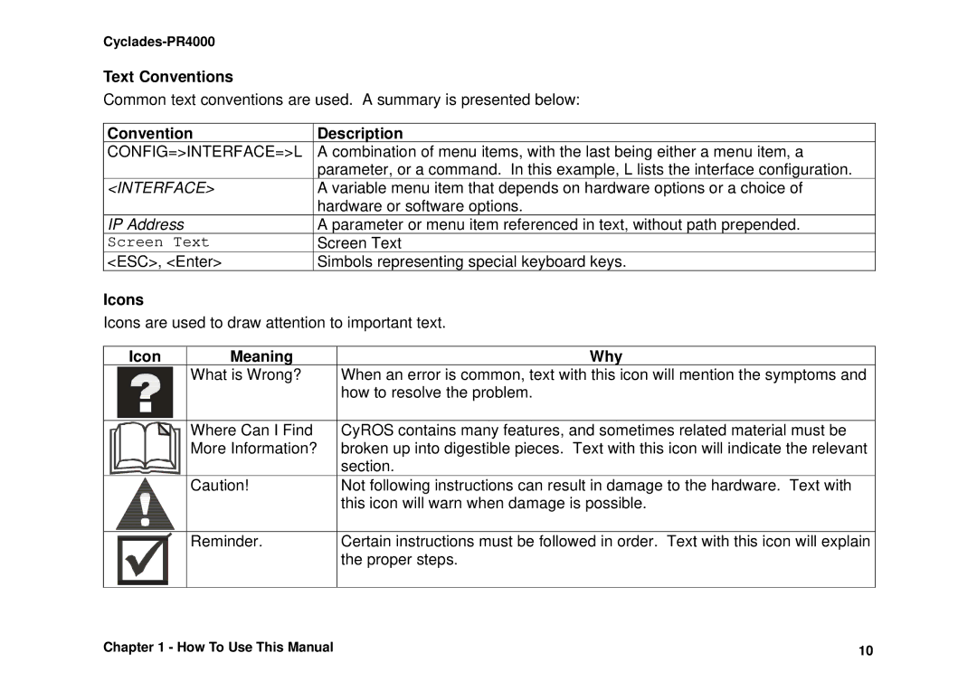 Avocent Cyclades-PR4000 Text Conventions, Convention Description, Config=Interface=L, Icons, Meaning Why 