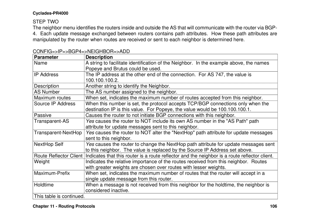 Avocent Cyclades-PR4000 installation manual CONFIG=IP=BGP4=NEIGHBOR=ADD, Route Reflector Client 