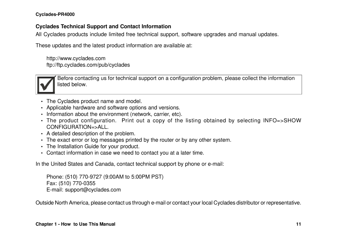 Avocent Cyclades-PR4000 installation manual Cyclades Technical Support and Contact Information, Configuration=All 