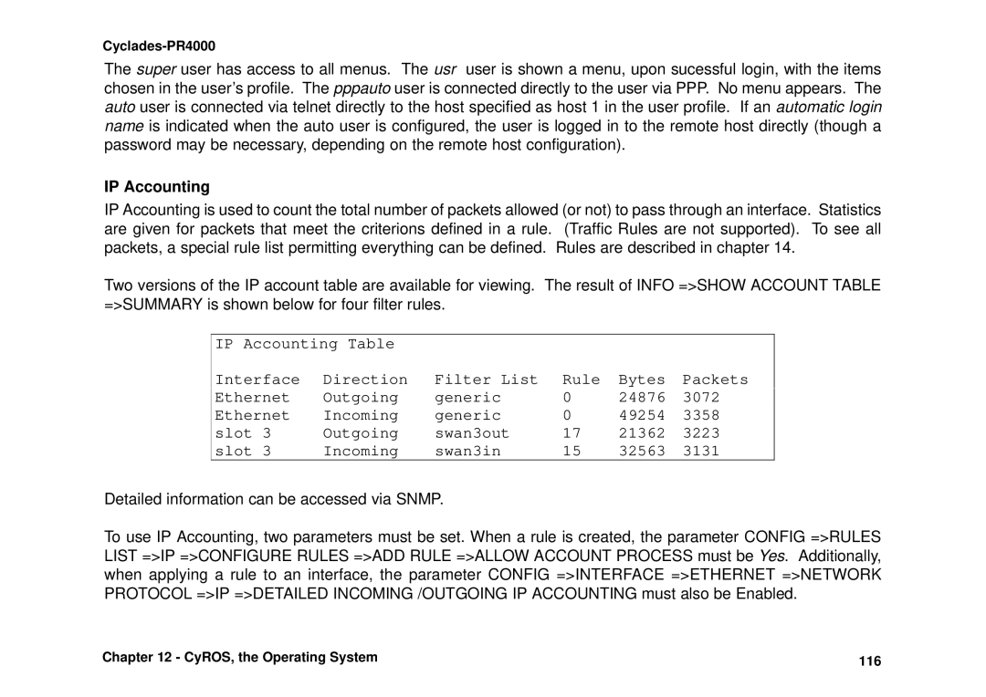 Avocent Cyclades-PR4000 installation manual IP Accounting, Detailed information can be accessed via Snmp 