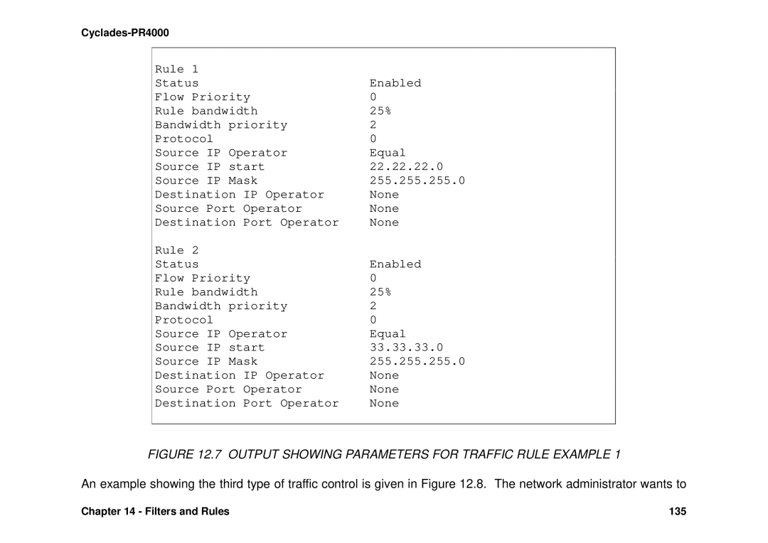 Avocent Cyclades-PR4000 installation manual Output Showing Parameters for Traffic Rule Example 