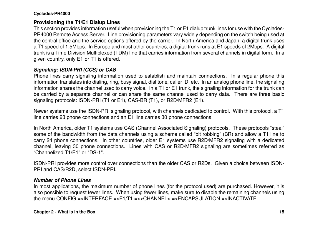 Avocent Cyclades-PR4000 Provisioning the T1/E1 Dialup Lines, Signaling ISDN-PRI CCS or CAS, Number of Phone Lines 