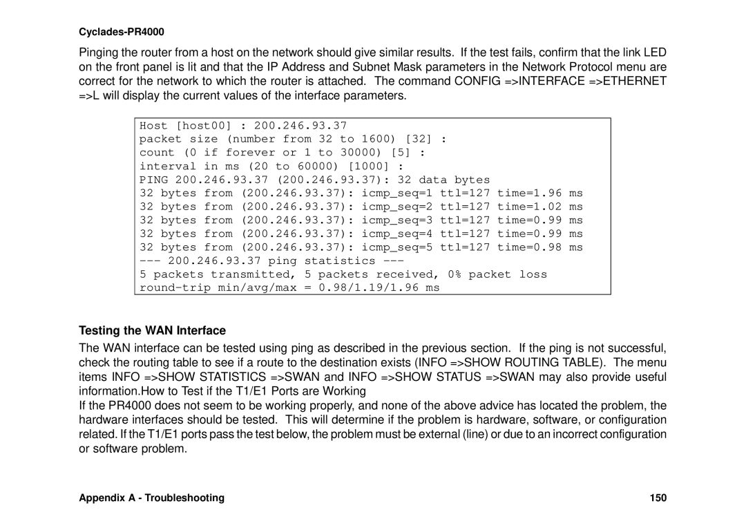 Avocent Cyclades-PR4000 installation manual Testing the WAN Interface 