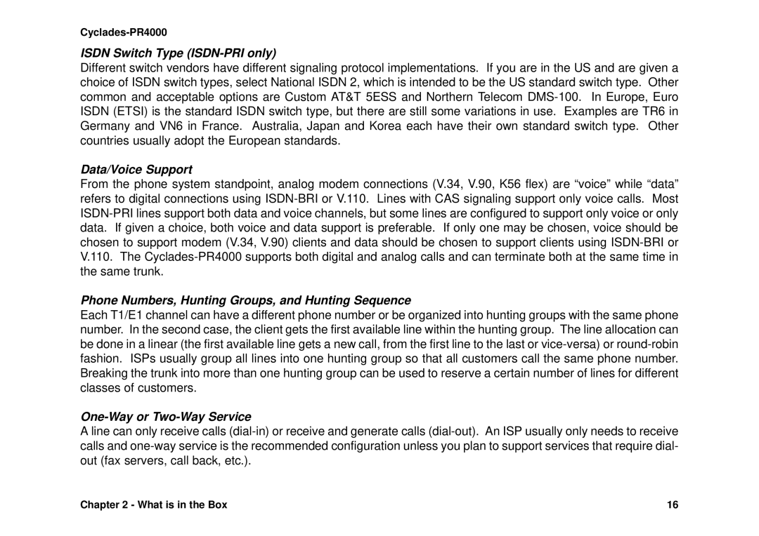 Avocent Cyclades-PR4000 installation manual Isdn Switch Type ISDN-PRI only, Data/Voice Support, One-Way or Two-Way Service 