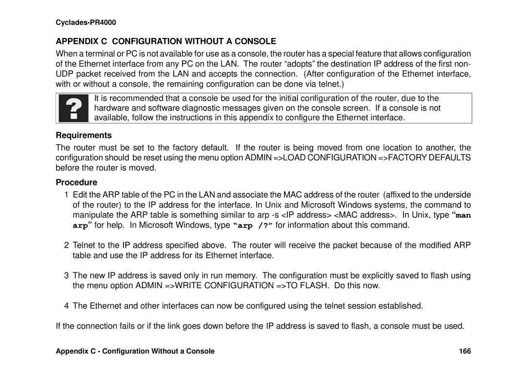 Avocent Cyclades-PR4000 installation manual Appendix C Configuration Without a Console, Requirements, Procedure 