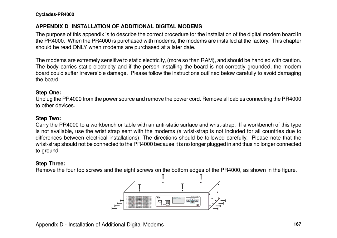 Avocent Cyclades-PR4000 Appendix D Installation of Additional Digital Modems, Step One, Step Two, Step Three 