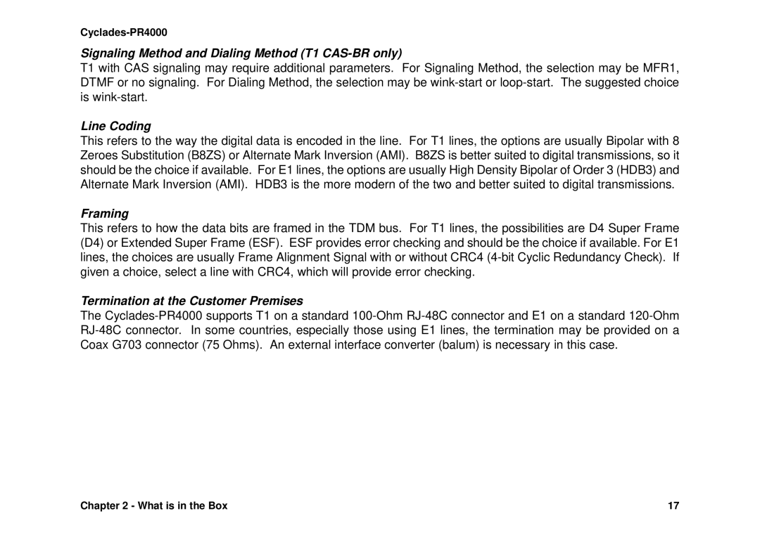 Avocent Cyclades-PR4000 installation manual Signaling Method and Dialing Method T1 CAS-BR only, Line Coding, Framing 