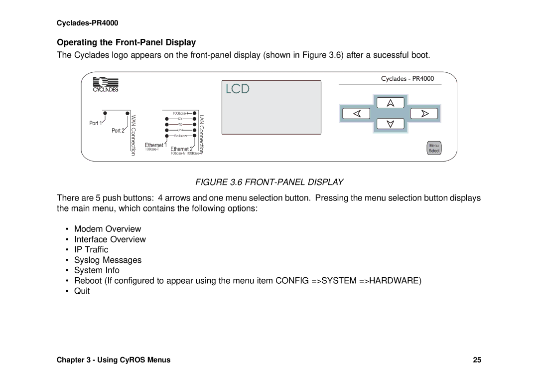 Avocent Cyclades-PR4000 installation manual Lcd, Operating the Front-Panel Display 