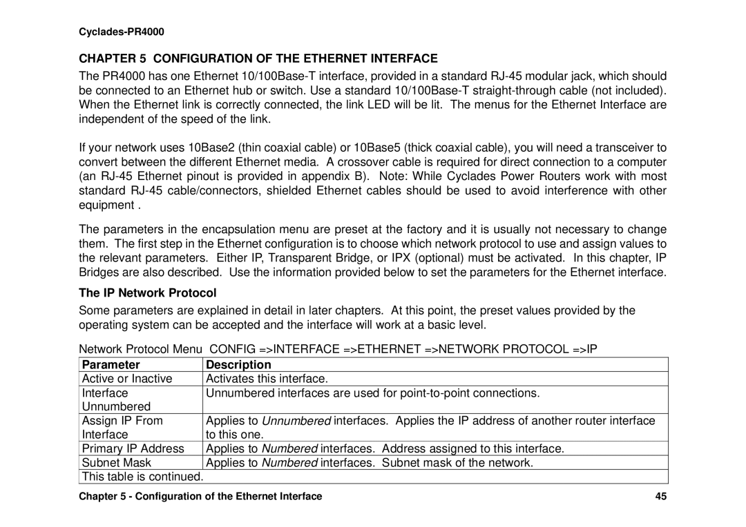 Avocent Cyclades-PR4000 Configuration of the Ethernet Interface, IP Network Protocol, Parameter Description 