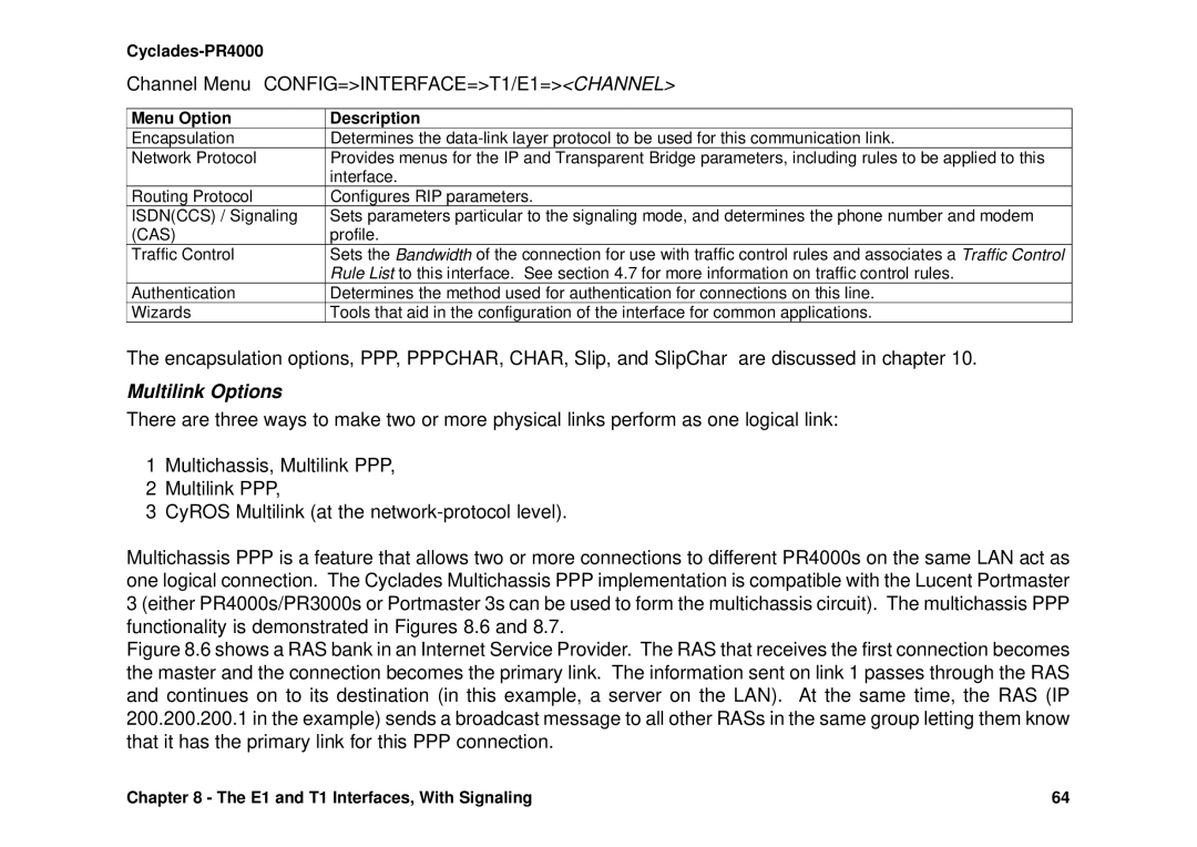 Avocent Cyclades-PR4000 installation manual Channel Menu CONFIG=INTERFACE=T1/E1=CHANNEL, Multilink Options 