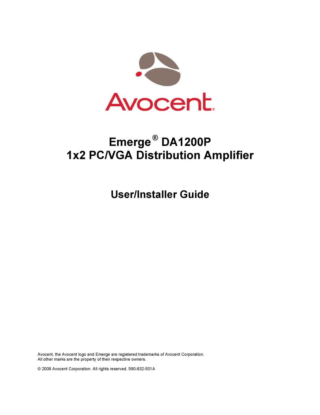 Avocent manual Emerge DA1200P 1x2 PC/VGA Distribution Amplifier 