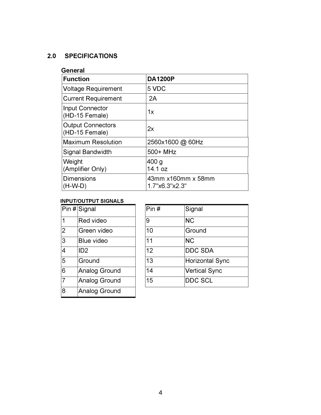 Avocent manual Specifications, General Function DA1200P 