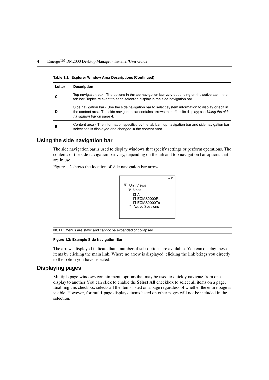 Avocent DM2000 manual Using the side navigation bar, Displaying pages 