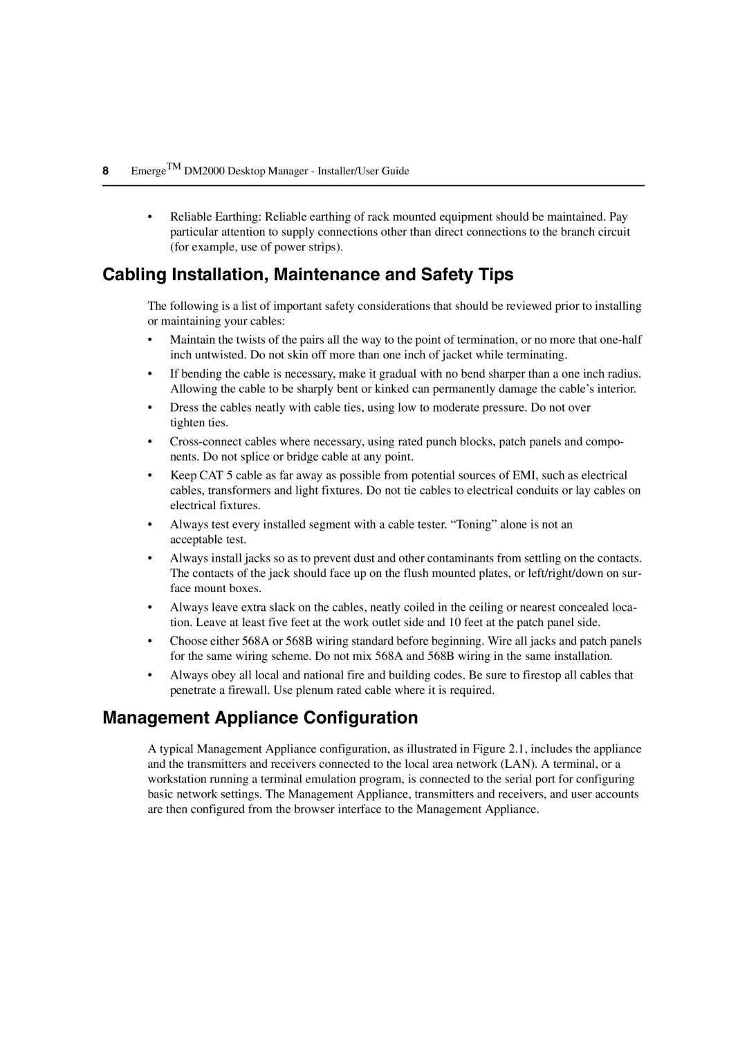 Avocent DM2000 manual Cabling Installation, Maintenance and Safety Tips, Management Appliance Configuration 