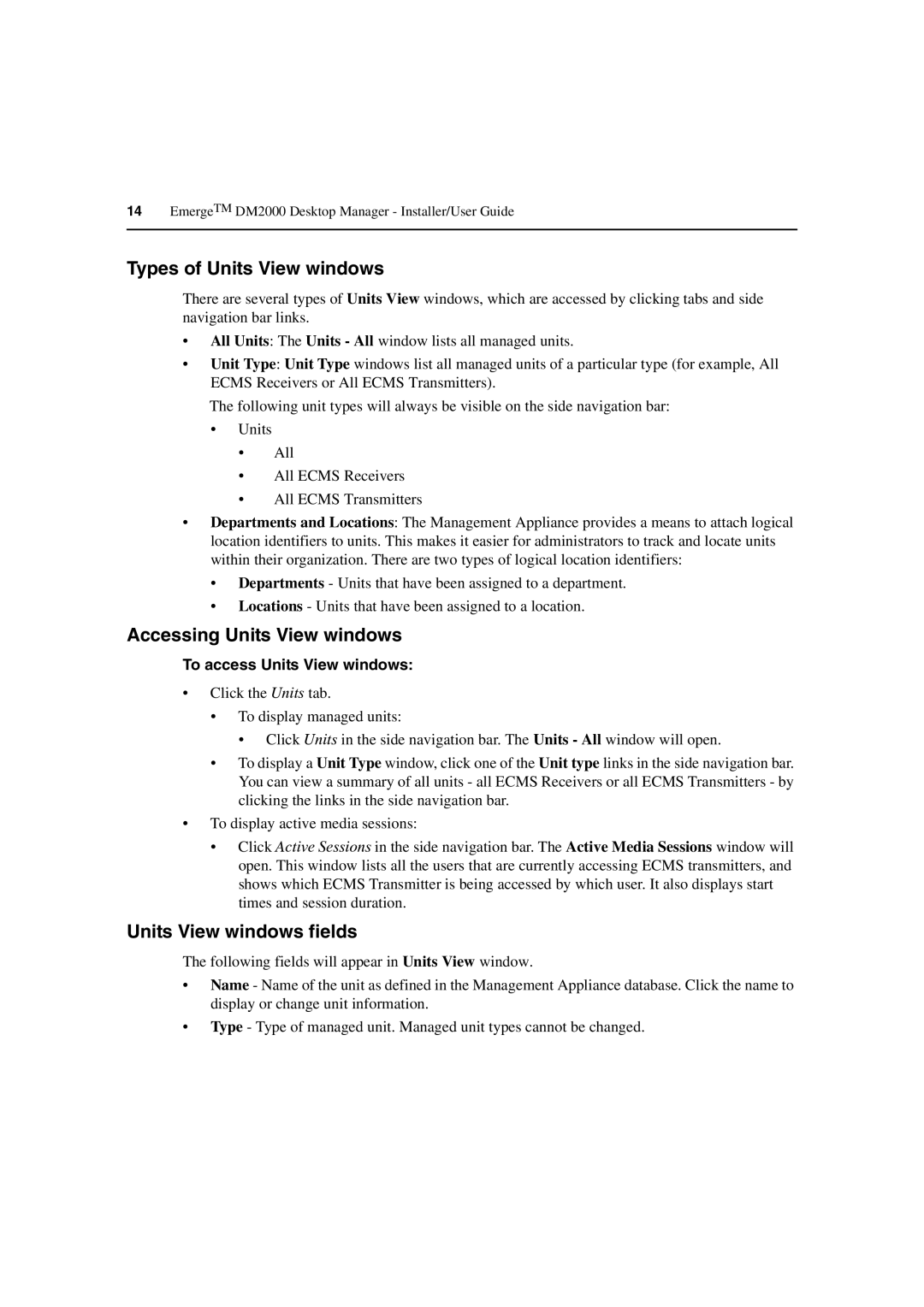 Avocent DM2000 manual Types of Units View windows, Accessing Units View windows, Units View windows fields 