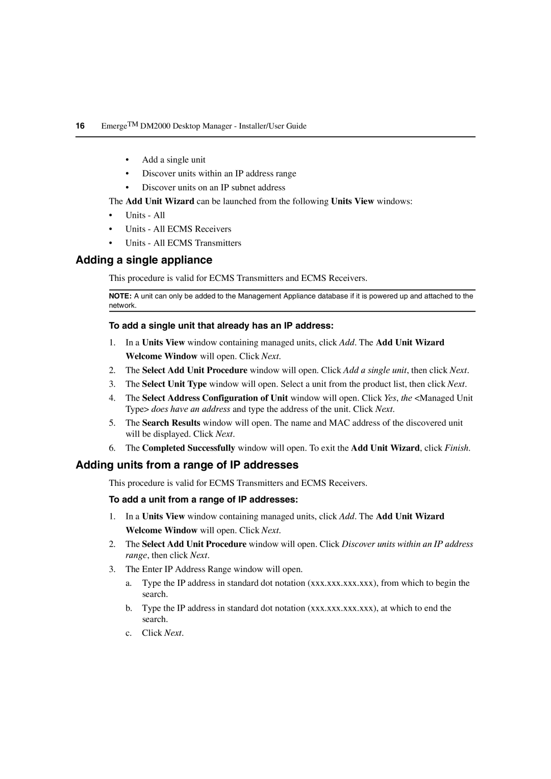 Avocent DM2000 manual Adding a single appliance, Adding units from a range of IP addresses 