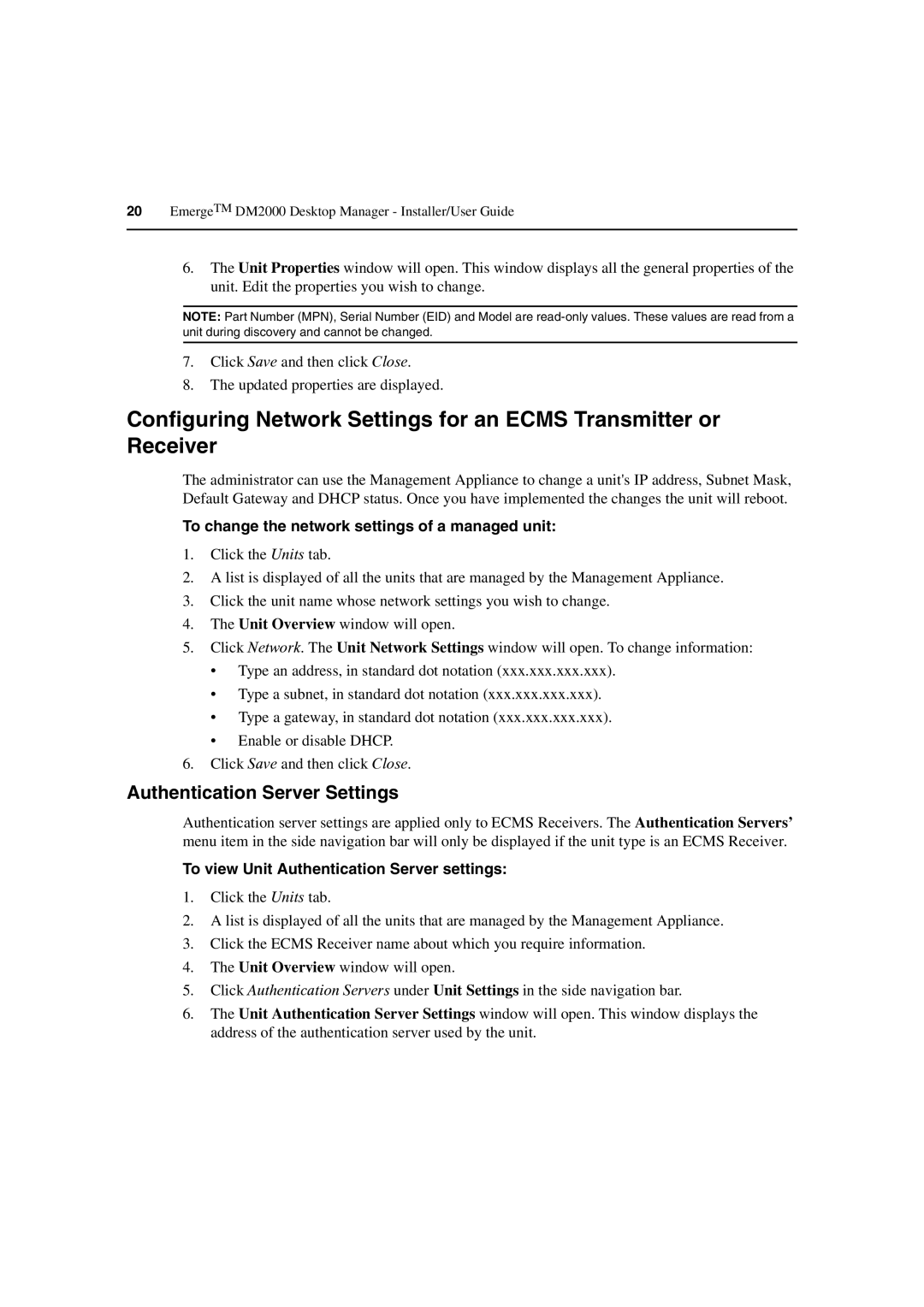 Avocent DM2000 manual Authentication Server Settings, To change the network settings of a managed unit 