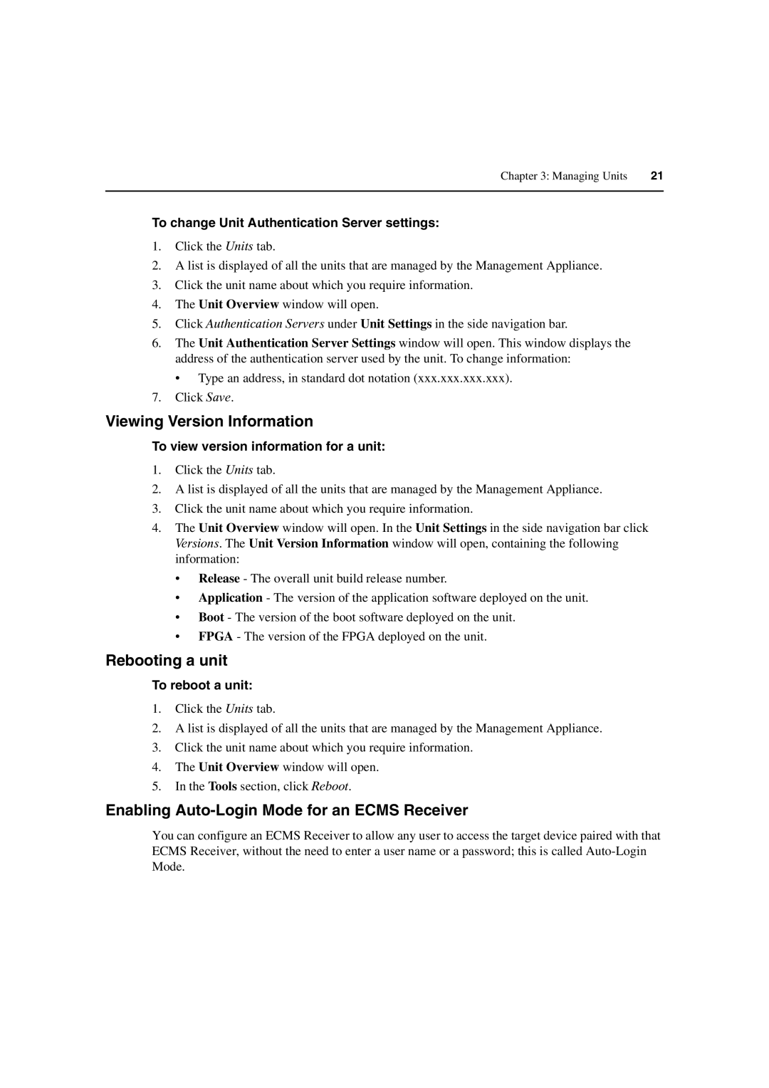 Avocent DM2000 manual Viewing Version Information, Rebooting a unit, Enabling Auto-Login Mode for an Ecms Receiver 