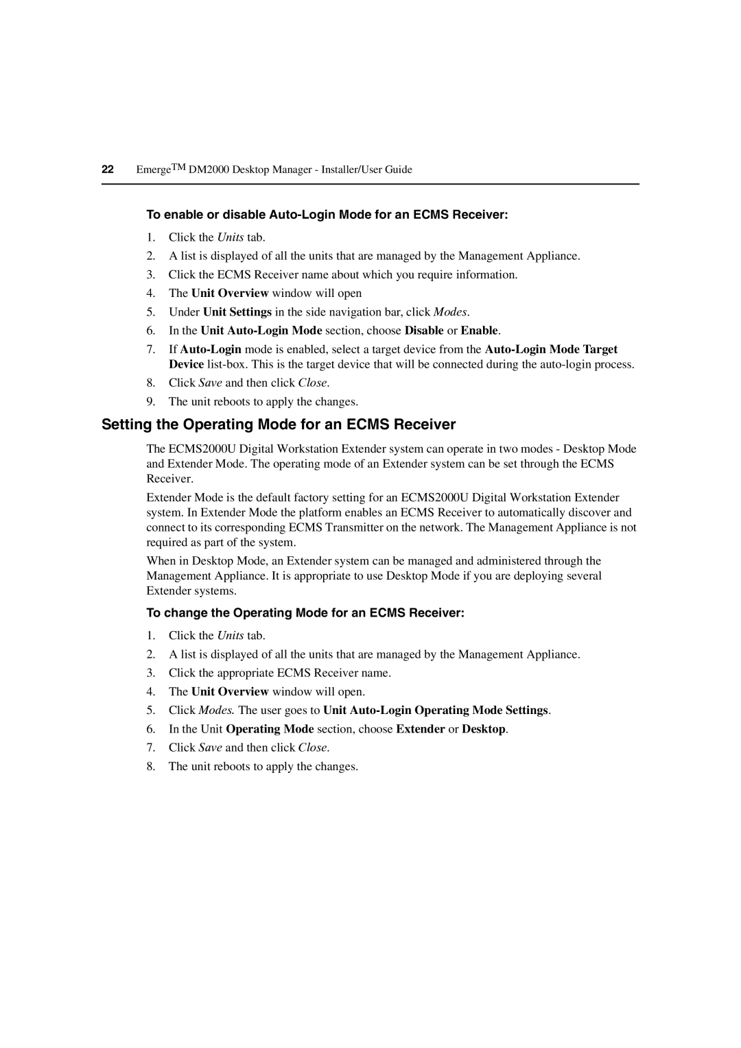 Avocent DM2000 Setting the Operating Mode for an Ecms Receiver, To enable or disable Auto-Login Mode for an Ecms Receiver 