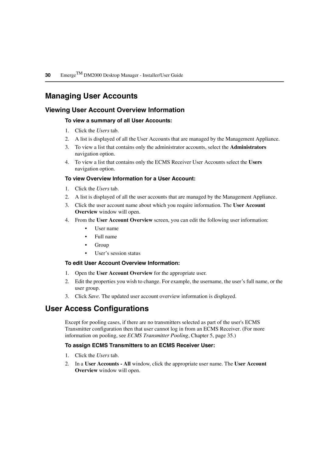 Avocent DM2000 manual Managing User Accounts, User Access Configurations, Viewing User Account Overview Information 