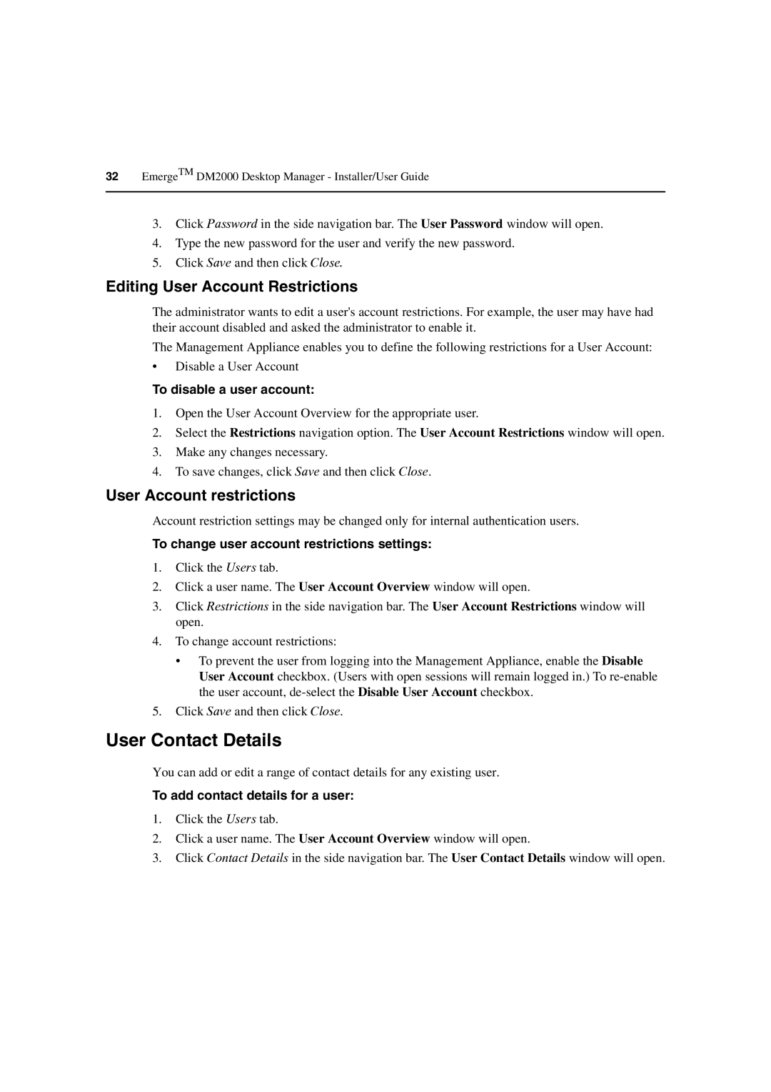 Avocent DM2000 manual User Contact Details, Editing User Account Restrictions, User Account restrictions 