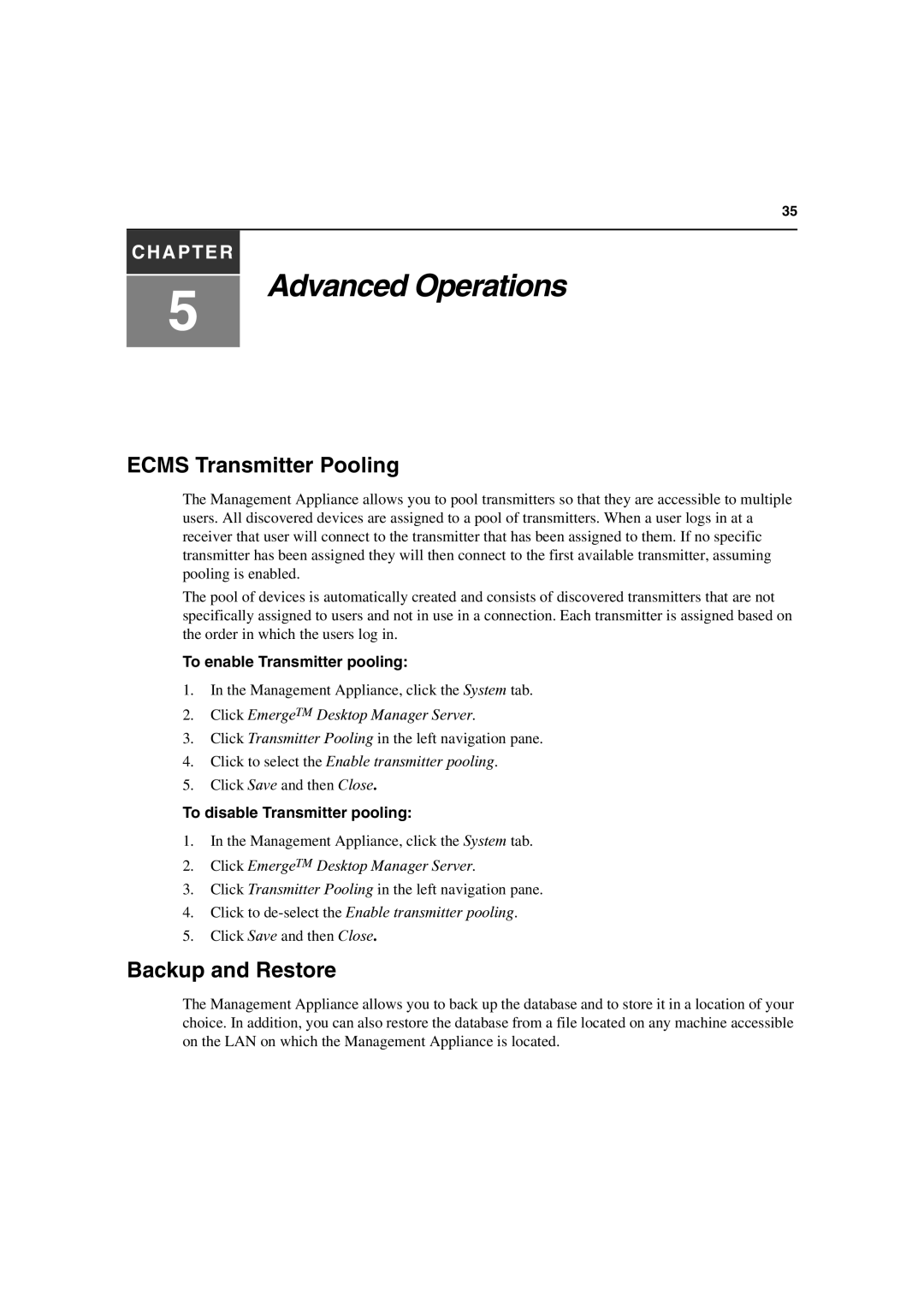 Avocent DM2000 Ecms Transmitter Pooling, Backup and Restore, To enable Transmitter pooling, To disable Transmitter pooling 