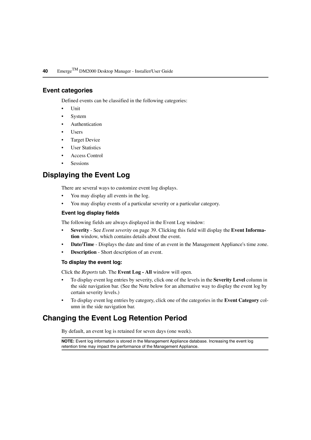 Avocent DM2000 manual Displaying the Event Log, Changing the Event Log Retention Period, Event categories 