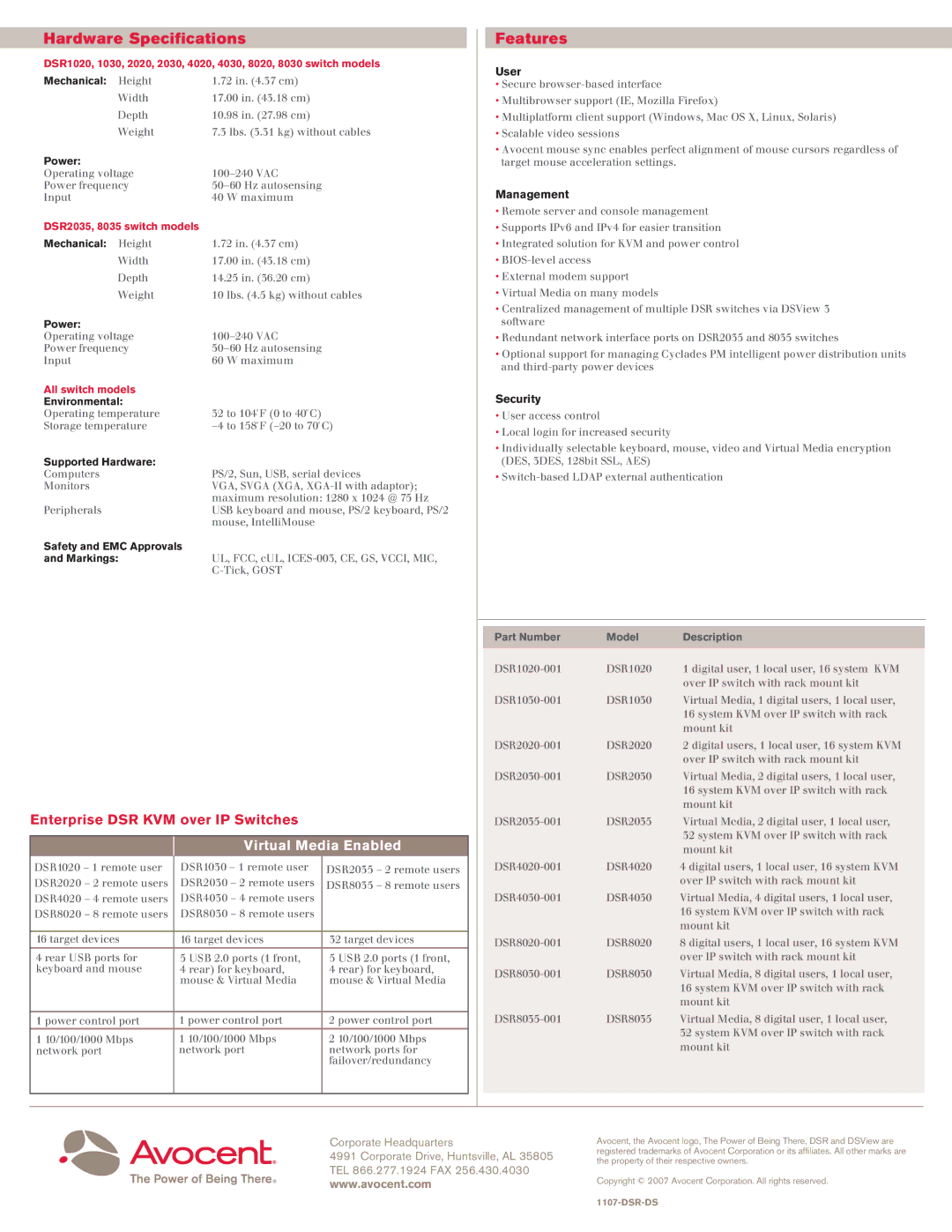 Avocent DSR KVM over IP Switch manual Hardware Specifications, Features, User, Management, Security 