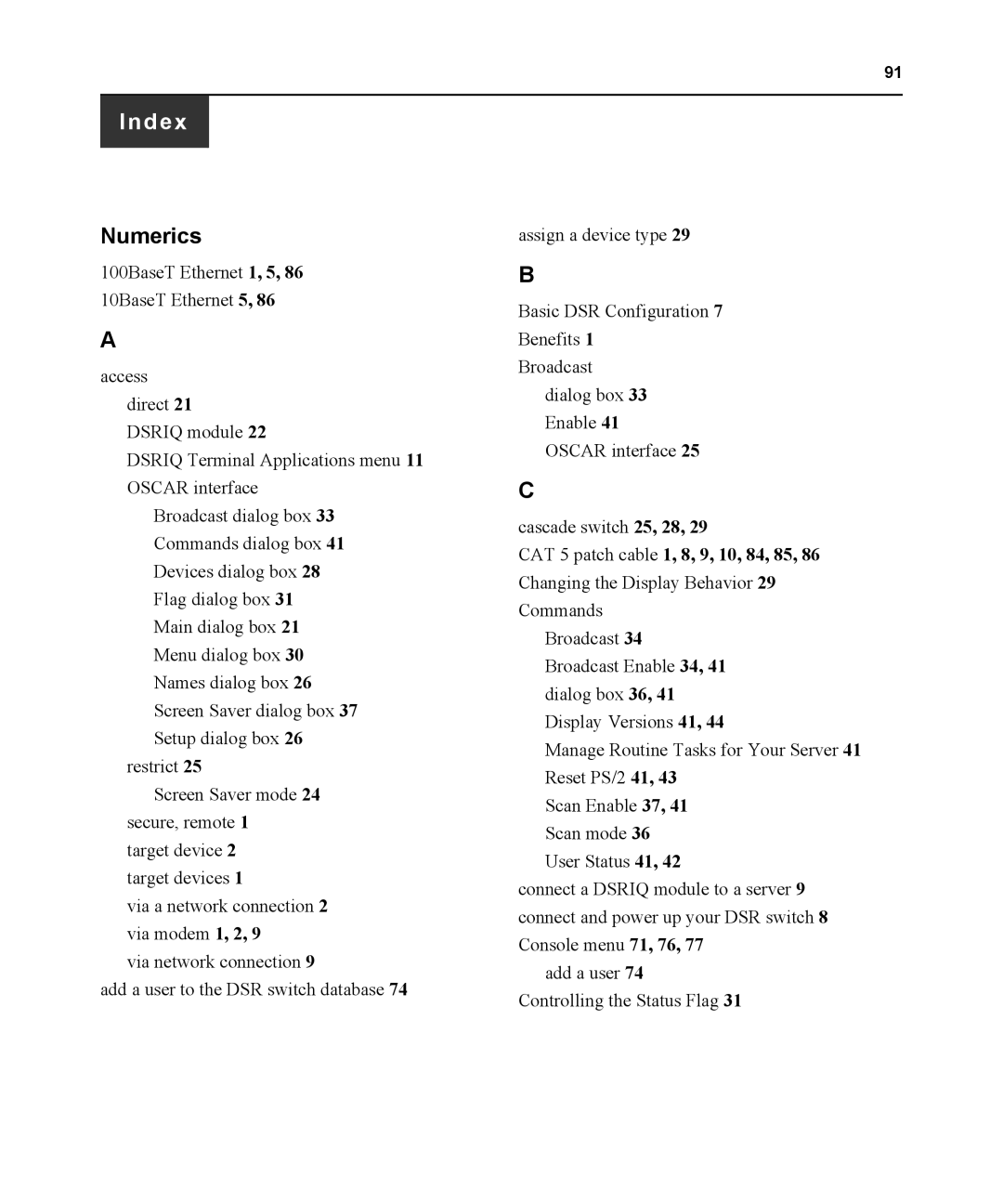 Avocent DSR1021 manual Index, Numerics 