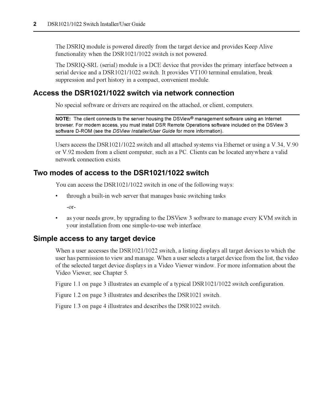 Avocent manual Access the DSR1021/1022 switch via network connection, Two modes of access to the DSR1021/1022 switch 