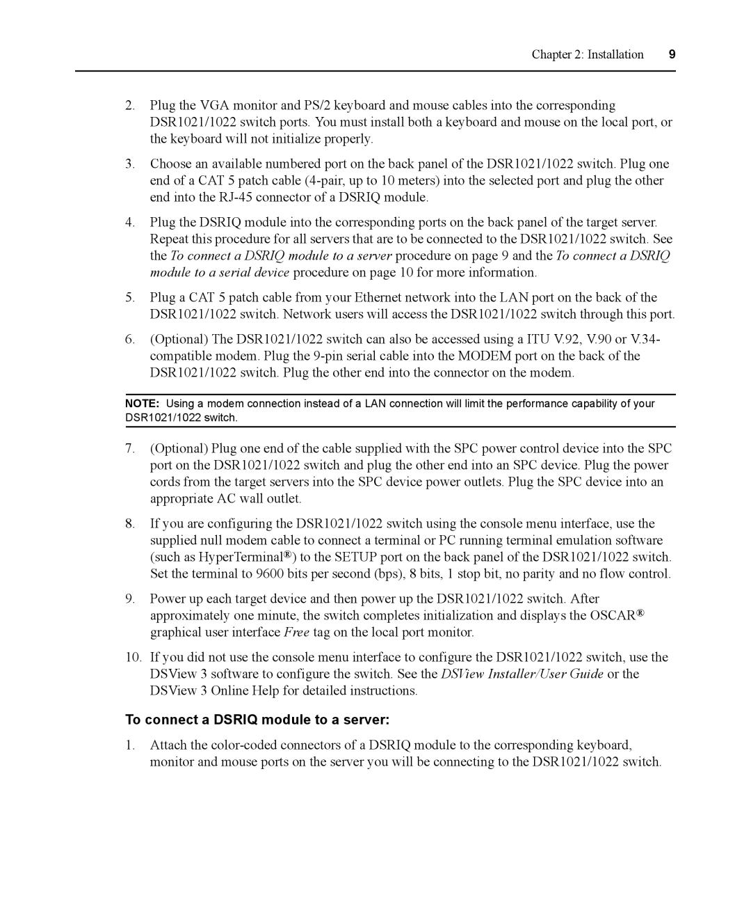 Avocent DSR1021 manual To connect a Dsriq module to a server 