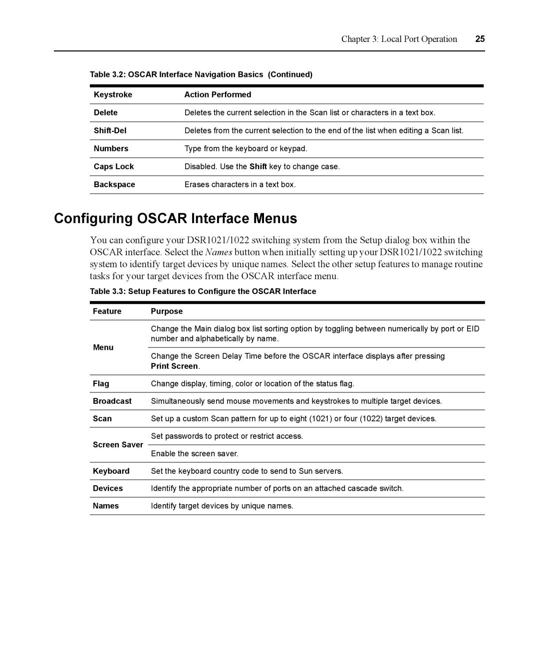 Avocent DSR1021 manual Configuring Oscar Interface Menus, Local Port Operation 