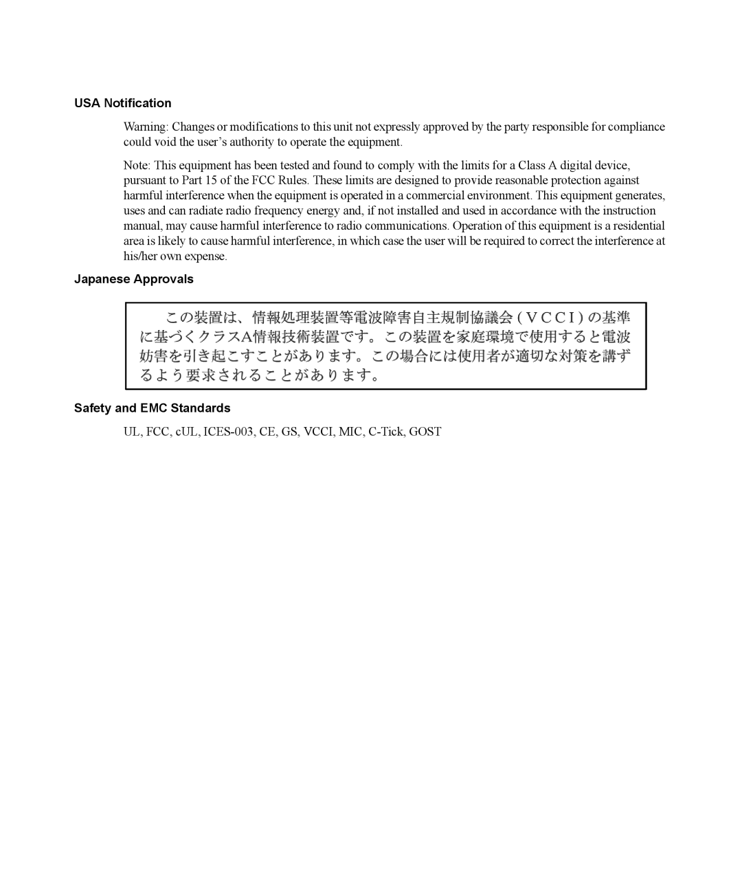 Avocent DSR1021 manual USA Notification Japanese Approvals Safety and EMC Standards 