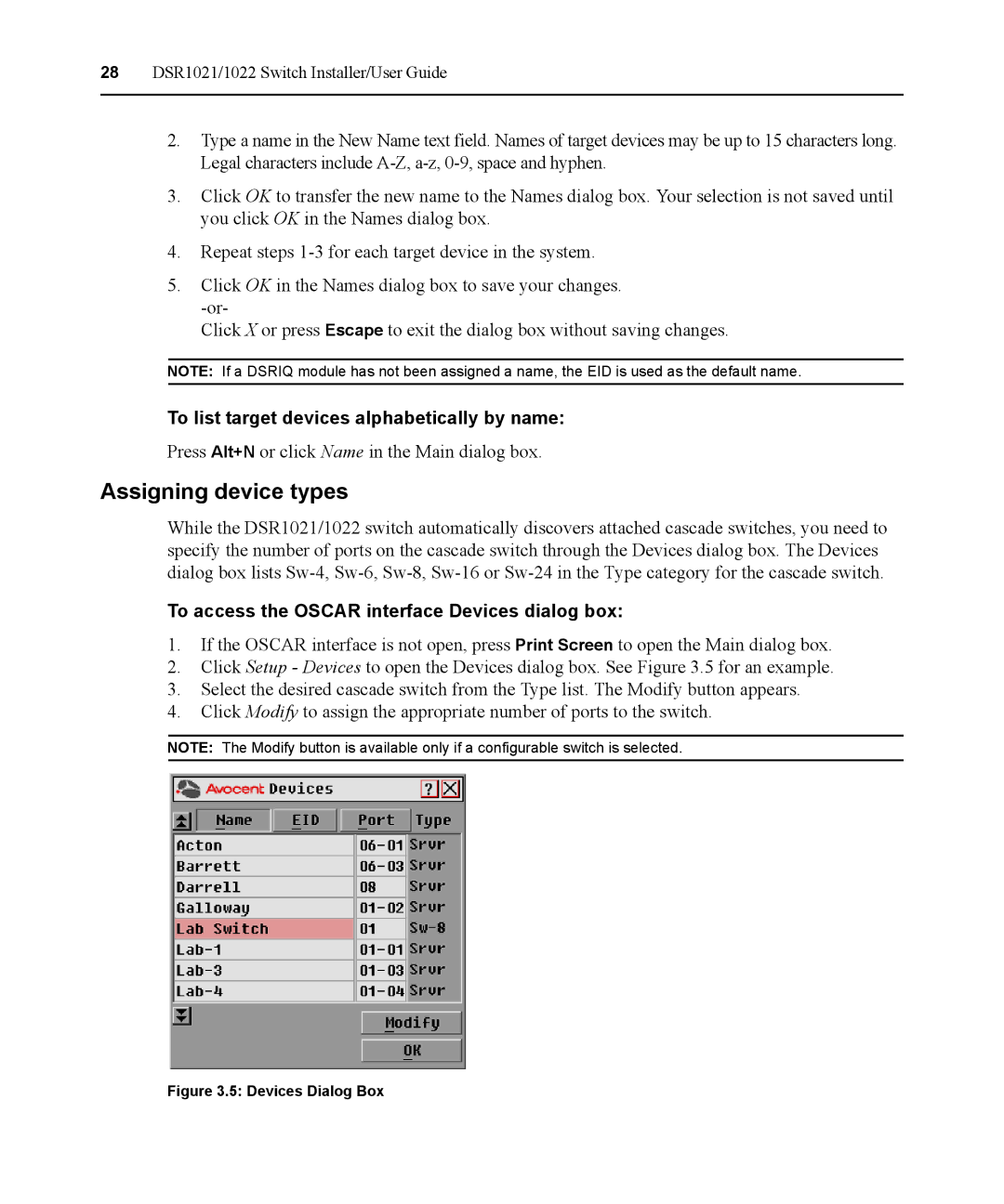 Avocent DSR1021 manual Assigning device types, To list target devices alphabetically by name 