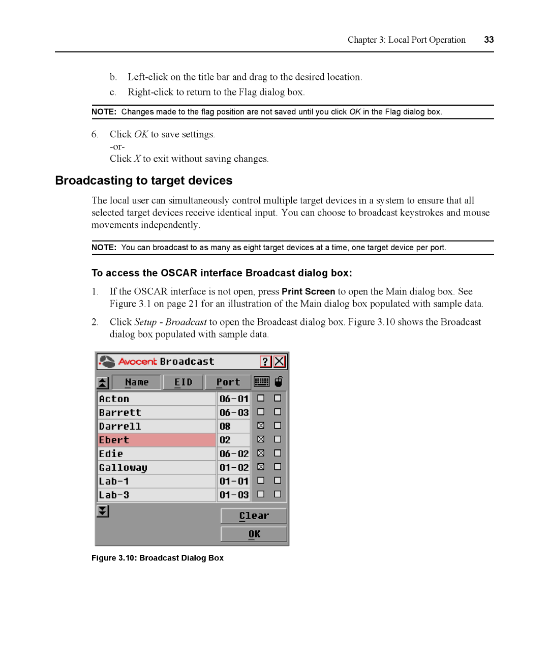 Avocent DSR1021 manual Broadcasting to target devices, To access the Oscar interface Broadcast dialog box 