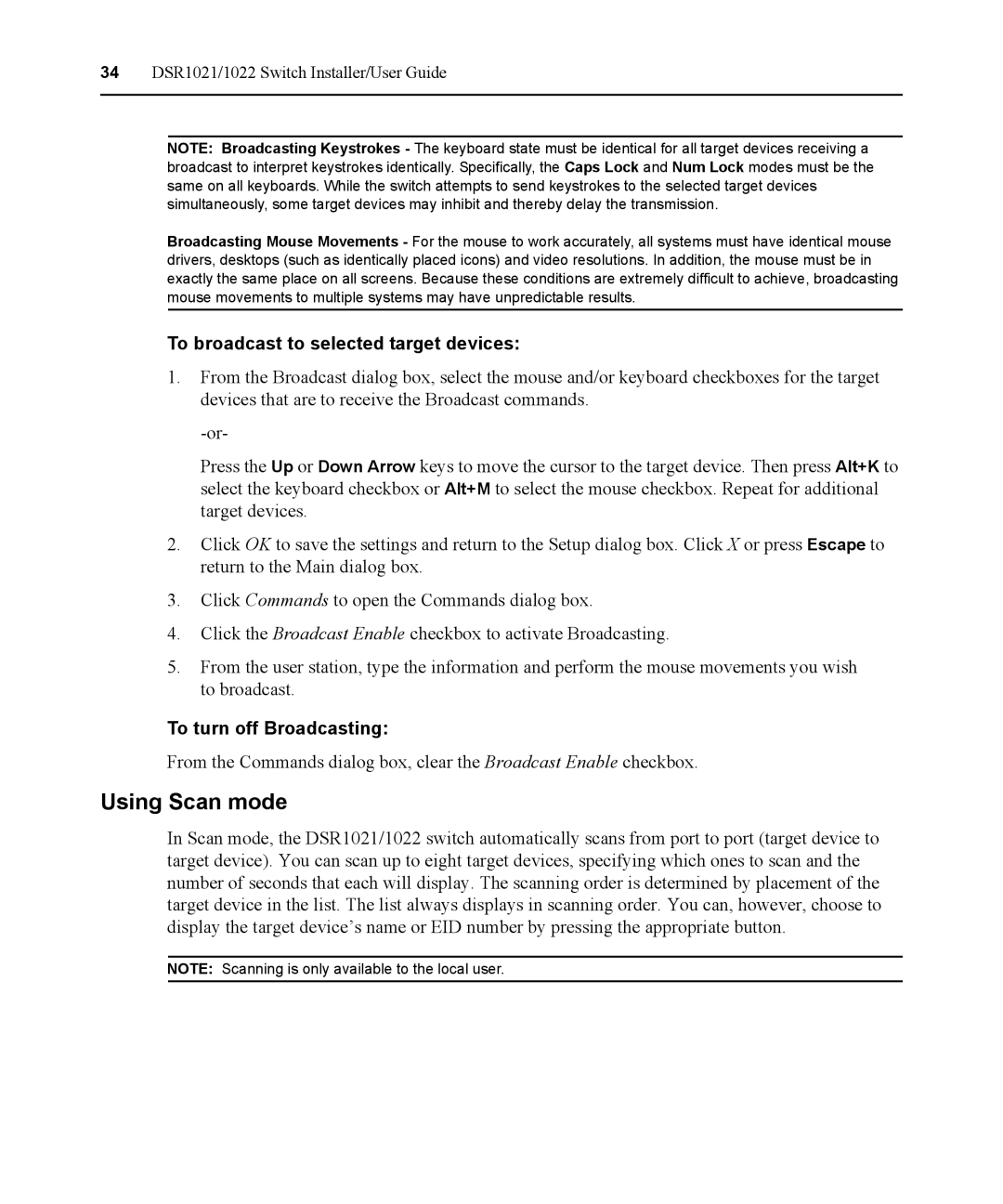 Avocent DSR1021 manual Using Scan mode, To broadcast to selected target devices, To turn off Broadcasting 