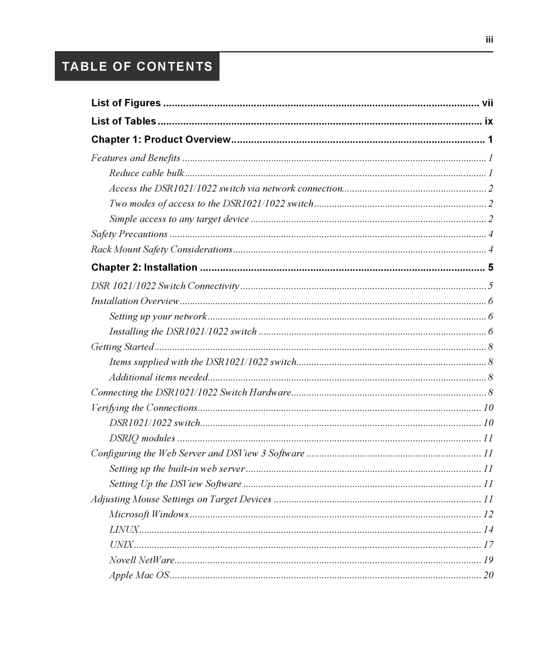 Avocent DSR1021 manual Table of Contents 