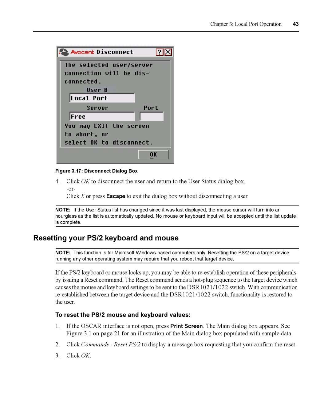 Avocent DSR1021 manual Resetting your PS/2 keyboard and mouse, To reset the PS/2 mouse and keyboard values 