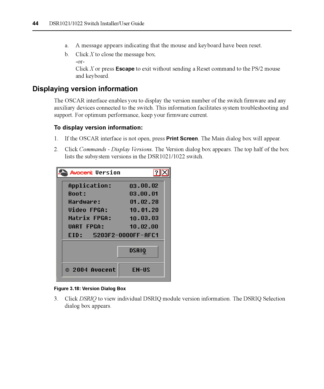 Avocent DSR1021 manual Displaying version information, To display version information 