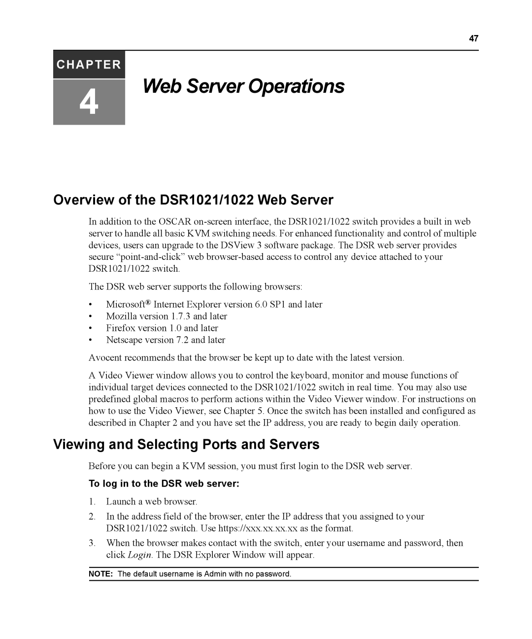 Avocent manual Overview of the DSR1021/1022 Web Server, To log in to the DSR web server 