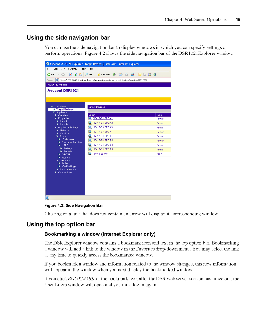 Avocent DSR1021 manual Using the side navigation bar, Using the top option bar, Bookmarking a window Internet Explorer only 