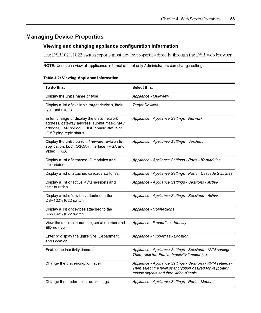 Avocent DSR1021 manual Managing Device Properties, Viewing and changing appliance configuration information 