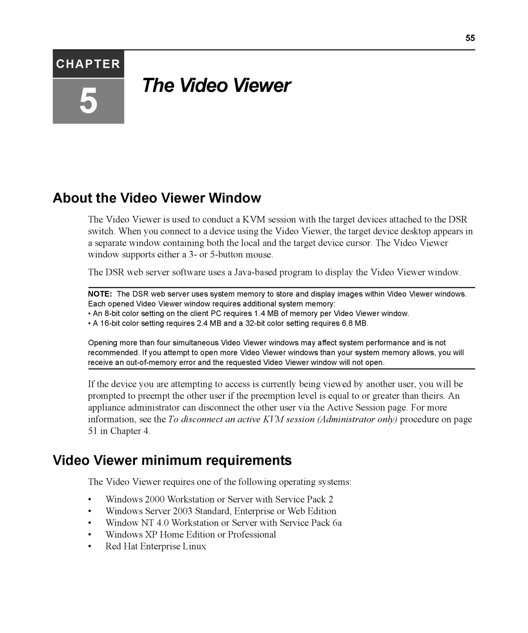 Avocent DSR1021 manual About the Video Viewer Window, Video Viewer minimum requirements 